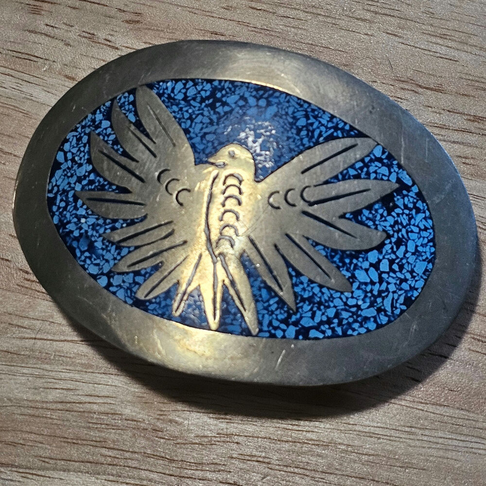 Vintage Alpaca Silver & Turquoise Chip Eagle Bird Belt Buckle
